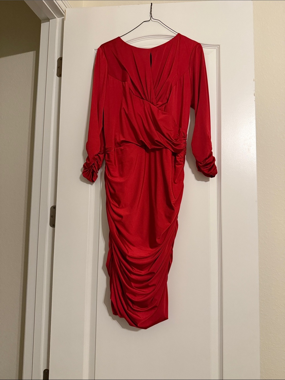 Tadashi Shoji Red Draped Ruched Long-Sleeve Dress Large